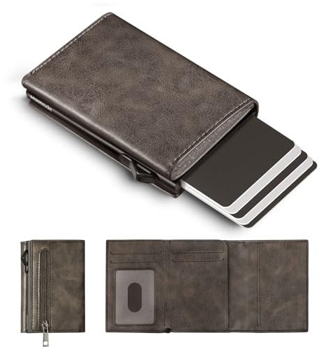 Manmaxim Wallets for Men UK, Slim Mens Wallets RFID Blocking, Minimalist Pop Up Credit Card Holder, Metal Wallet Smart Men Card Wallet with Coin Pocket & ID Window, A05-Brown