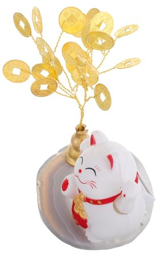 JECOMPRIS Mini Lucky Fortune Cat Figurine with Money Tree Bonsai for Luck Cute Desk Decor Creative present for Housewarming Chinese Year Decoration Sturdy and Design