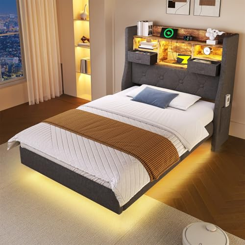 Polsterbett Einzelbett 90x200 cm Schwebebett mit LED, Kopfteil und Ladestation(1 Type-C, 3 USB-Anschlüsse), Modern Bett mit Stauraum und lattenrost, Leinen, Grau(Ohne Matratze)