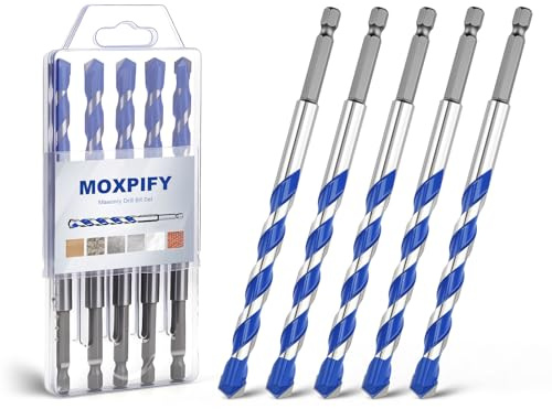 MOXPIFY 5pcs Impact 10mm Masonry Drill Bit Hex 150mm Extra Long | Tungsten Carbide Tip Concrete Drill Bits for Brick Wall Tile Porcelain (10mm x 150mm x 5, Hex Shank)