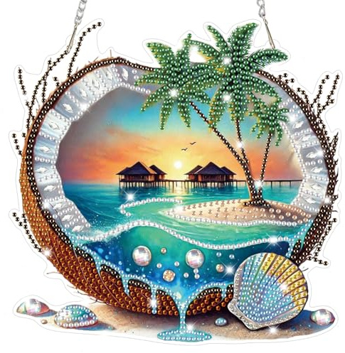 Lxmsja Coconut Diamond Art Hanging Kits for Adults, Summer Diamond Art Suncatchers Beach, 5D Special Shape Diamond Painting Pendant Window Ornament Gifts for Home Wall Garden Decor