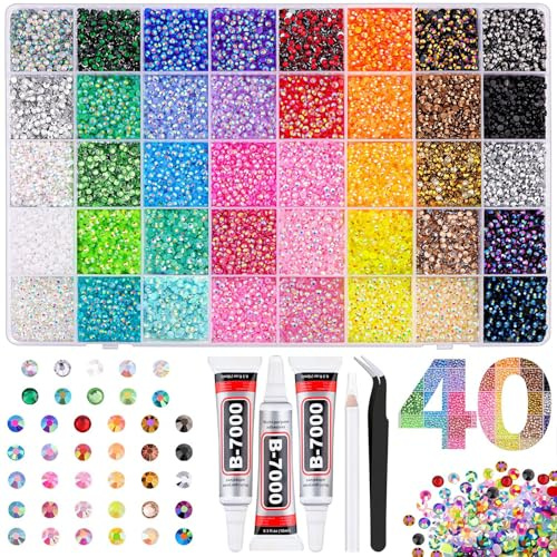 32000PCS Nail Art Rhinestones, 40 Colors 3 mm Resin Bedazzling kit with Glue, Pick Up Tweezers and Pen,Flat Back Crystals for DIY Art Crafts Decoration Clothes Shoes,Christmas Birthday Gifts for Women