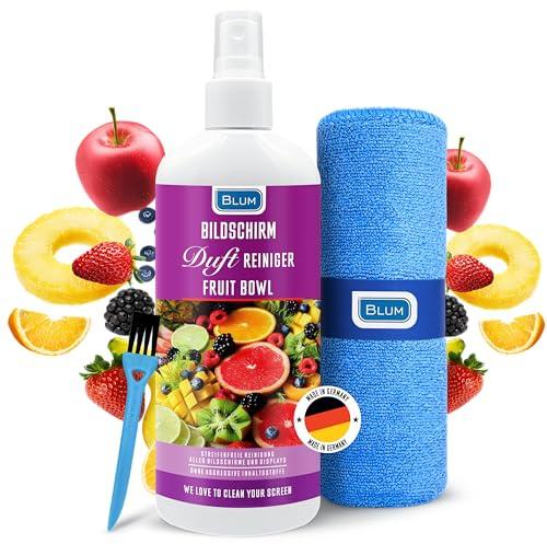 Blum 250 ml Bildschirm DUFT Reiniger Fruit Bowl + 30 x 30 cm Mikrofasertuch - Fruchtmix-Duft mit streifenfreier Reinigung von Handy, Laptop, PC & TV - Screen Cleaner - Bildschirm Spray - Display