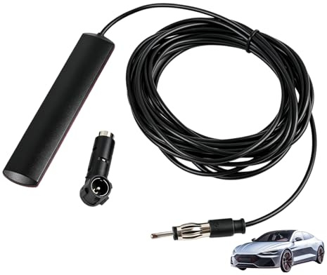Antena Interior Coche con Amplificador FM/Am, Montaje Adhesivo Oculto con Cable de Extensión de 5 Metros, Conector Universal DIN Definición, Compatible con Coches, SUV y Camiones
