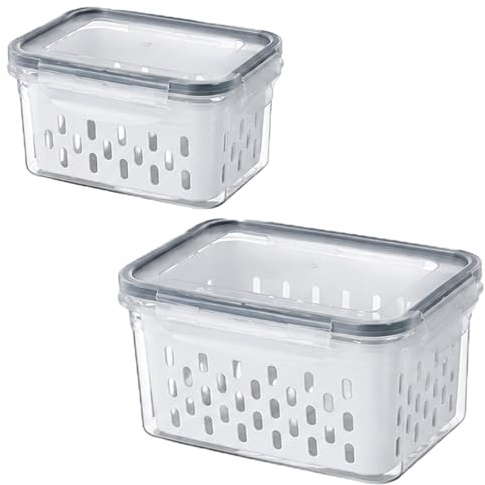 Fridge Organizers and Storage - Stackable Fruit Storage Containers for Fridge with Removable Colander, for Berry Lettuce Meat Keeper Fresh (2pcs, Small + Medium)