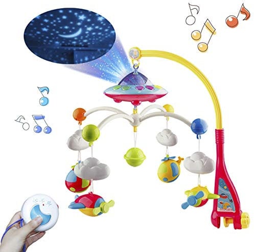 Mini Tudou Musical Baby Crib Mobile Toy with Lights and Music, Star Projector Function and Cartoon Rattles,Remote Control Musical Box with 108 Melodies, Toy for Newborn Sleep