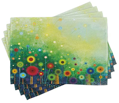 ABAKUHAUS Blume Platzmatten, Retro Löwenzahn, Waschbare Stoff Esszimmer Küche Tischdekorations Digitaldruck, Grün Gelb