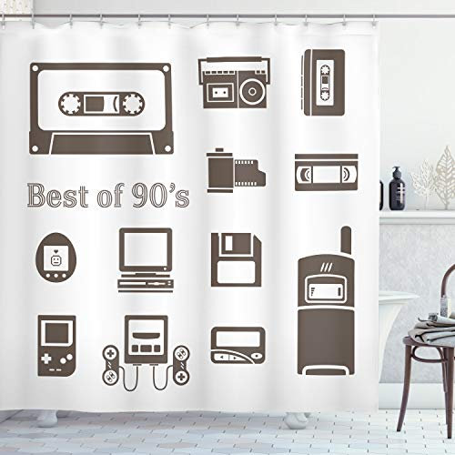 ABAKUHAUS Videospiel Duschvorhang, 90s Nostalgie Spiel, Stoffliches Gewebe Badezimmerdekorationsset mit Haken, 175 x 220 cm, Braun