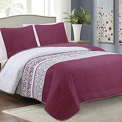 Tagesdecke Steppdecke Bettüberwurf Gesteppte Tagesdecke mit 2 Kissenbezüge 40x40 cm- (Burgund Grau Weiß- Ciao, 180x220 cm)