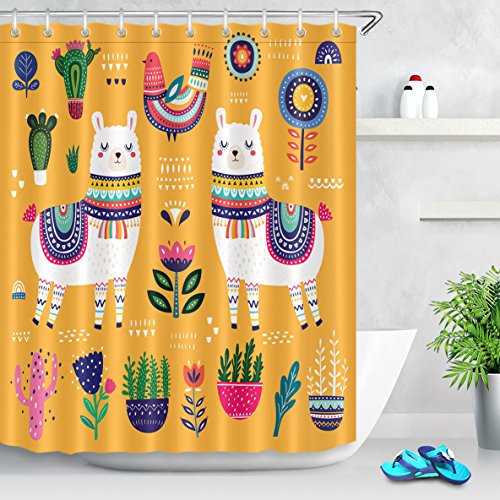 LB Duschvorhang Niedliches weißes Alpaka 150x180cm Kaktus,grüne Pflanze,Blumen,lustig Bad Vorhang mit Haken Polyester Wasserdicht Antischimmel Badezimmer Vorhänge