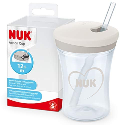 NUK Action Cup taza para niños | +12 meses | Pajita blanda de accionamiento por giro | A prueba de fugas | Sin BPA | 230 ml | Gris y blanco | 1 unidad