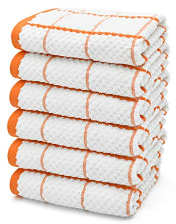 Ashley Mills Jacquard Woven Tea Towels Large Check 50x70cms Super Absorbent 100% Cotton (6 Pack, Orange)