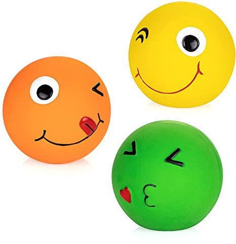 Chiwava 3 Stück 2,8 Zoll Latex Quietschendes Hundespielzeug Smiley Gesicht Runde Bälle Interaktives Abrufspiel für kleine mittlere Hunde Sortierte Farbe