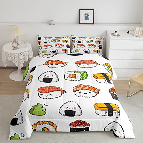 Sushi Muster Bettdecke 200x200cm Steppbett im japanischen Stil für Kinder Mädchen Essen Thema Tröster Süße Karikatur Japanische Sushi 4-Jahreszeiten Bettdecke Zimmer Dekor Steppdecke Mikrofaser