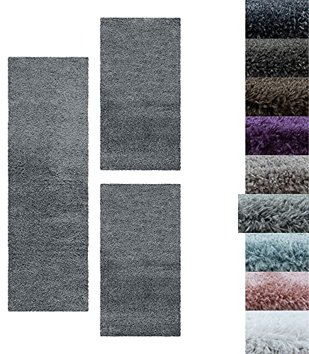 SIMPEX Bettumrandung Schlafzimmer 3teilig Shaggy Hochflor Teppich Hellgrau Bettset: 2 mal 60x110 + 1 mal 80x150 - Schlafzimmer Teppich 3 Teilig Läufer Extra Weich Flauschig Bettvorleger Läuferset
