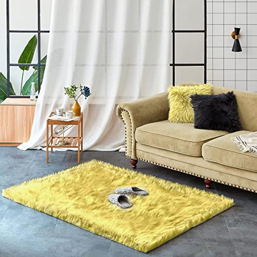 Teppich Wölkchen Schaffell Lammfell Imitat Fellteppich Kunstfell Teppich Waschbar - Flauschiger Teppich Wohnzimmer, Bettvorleger Schlafzimmer, Teppich Fell - Gelb - 120x170 cm