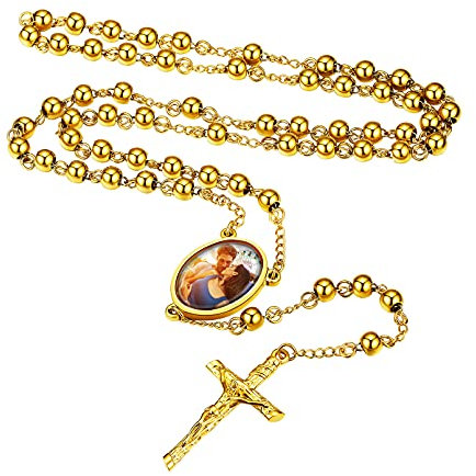 Custom4U Cutom4U Collier Chapelet Croix Personnalisé Photo Pendentif Femme Acier Inoxydable