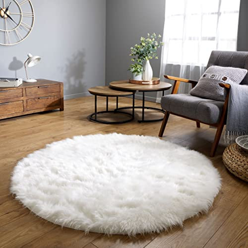 Latepis Teppich Rund 200cm Flauschiger Teppich Schaffell Kunstfell Wohnzimmer Weiss Teppich Groß Waschbarer Teppich Schlafzimmer Shaggy Warm Teppich