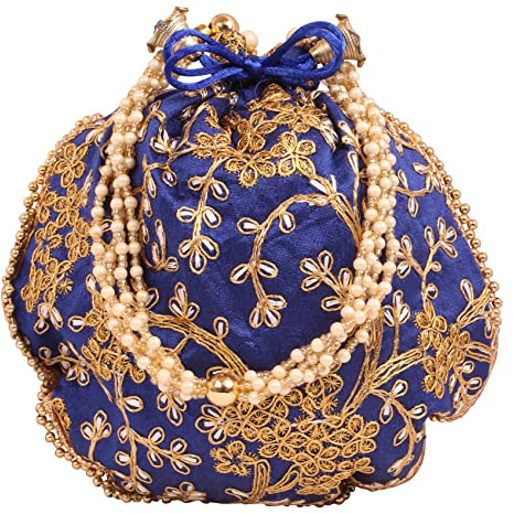 Touchstone NEW Traditional Indian Hand Embroidered Floral Motif Shopping Gifts Jewelry Wedding Sweet Distribution Faux Pearls Strings Drawstring Fancy Royal Blue Color Bag For Women.