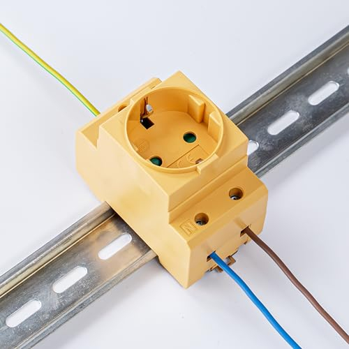 Schuko Steckdose [GS16] für Hutschiene 16A 230V 2P+E - Einbausteckdose für Verteilereinbau, Schaltschrank Zählerschrank Schutzkontaktsteckdose für 35mm DIN Trägerschienenmontage (Gelb)