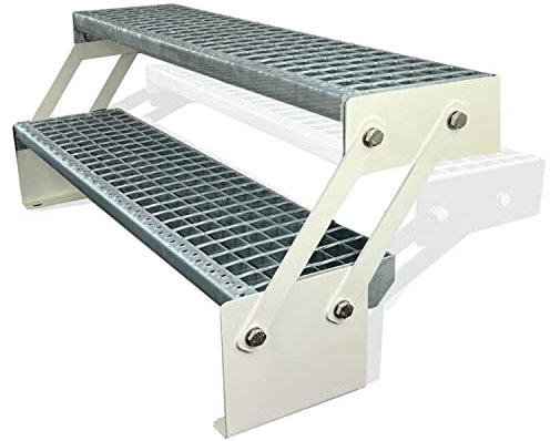 Kaminbau Mierzwa Premium Stahl Treppe Verstellbar Verzinkt & Weiß Pulverbeschichtet 2 Stufen (Breite 140 cm) (Höhe 30-43 cm) Wetterfest Gitterroststufe Gartentreppe