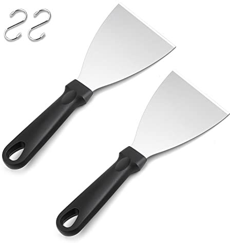 Herogo 2 Pieces Griddle Scraper Set, Stainless Steel Grill Scraper with Black Plastic Handle for BBQ, Burger, Steak, Kitchen, for Grilling teppanyaki Meat, Cleaning The Grill pan, Dishwahser Safe