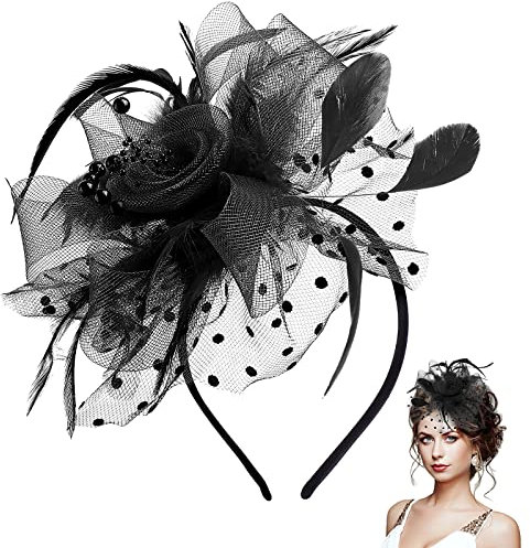 WLLHYF Fascinators Hat 1920s Fascinators Hats for Women Flower Mesh Feathers Hair Clip Tea Party Hats Headband Carnival Valentine's Day(Black)