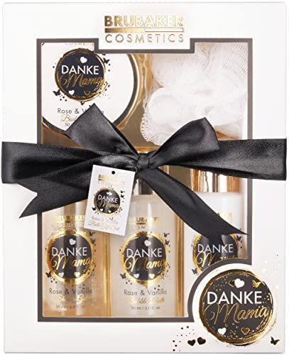 BRUBAKER Cosmetics - Danke Mama - 5-teiliges Dusch- und Badeset mit Rosen Vanille Duft - Mutter Geschenkset mit Peeling Schwamm - Pflegeset Weiß Gold mit Schleife Schwarz