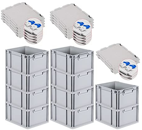 PROREGAL SuperSparSet 10x Eurobox NextGen Grip mit Scharnierdeckel und blauen Schiebeschnappverschlüssen, HxBxT 22x30x40cm, 20 L, Grau, Griffe geschlossen, Eurobehälter, Transportbox
