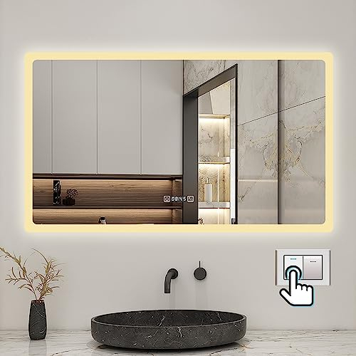 Biubiubath 160x80cm LED Badspiegel mit Uhr,Touch-Schalter,Badspiegel mit Beleuchtung,Beschlagfrei,Badezimmerspiegel mit 3 Lichtfarbe 3000-6000K Dimmbar,IP44