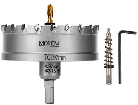 Mollom (97mm | 3-13/16) Scie cloche en carbure pour usage intensif avec 2 forets pilotes, coupe l'acier inoxydable, l'acier doux, le fer, le cuivre, le laiton et le plastique