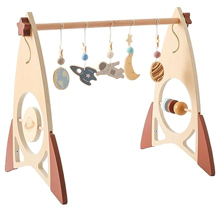 Promise Babe Spielbogen Baby Holz für Babies,Rakete Design Holz Baby Spielbogen Astronaut Stern Mond Anhänger zum Greifen Seitlich Holz Spielzeug Haha Spiegel Wickeltisch Babybett Laufstall Play Gym