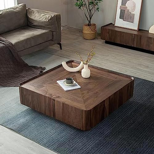 WestUx Luxuriöser moderner quadratischer Couchtisch,Rustikaler Vintage Schwarzer Nussbaum Mid Century Center Tisch mit Lagerung für Wohnzimmer, Schlafzimmer, Büro,A,80CM