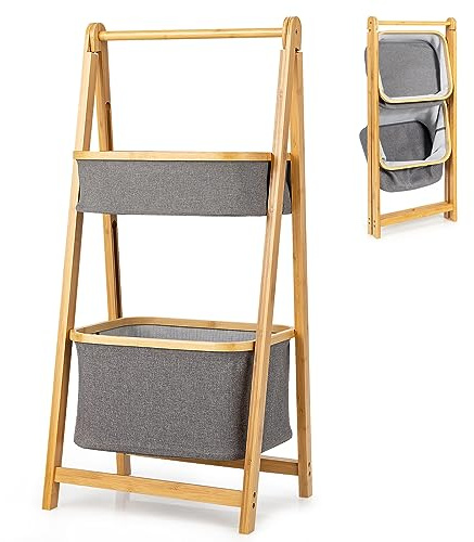 Multigot Laundry Basket (Folding with 2 Baskets) | Bamboo Laundry Hamper with Towel Rack & 2 Fabric Baskets, Freestanding Dirty Clothes Organizer Unit for Bathroom Bedroom