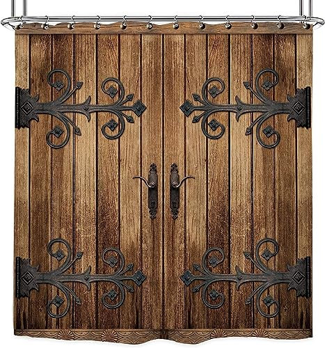 Latwerio 3D Rideau de Douche Porte en Bois Rustique Rideaux de Douche Porte en Bois Rustique Imperméable Anti Moisissure Rideau Salle de Bain pour Baignoire Rideau Douche 120 x 180 cm, 8 Crochets