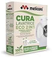 Meliconi Cura Lavadora Liquido Eco 2-en-1, Desinfectante y Anticalcáreo Lavadora, Fórmula Natural, Envase Reciclable, 2 Frascos de 250ml Ideales para 2 Tratamientos Completos