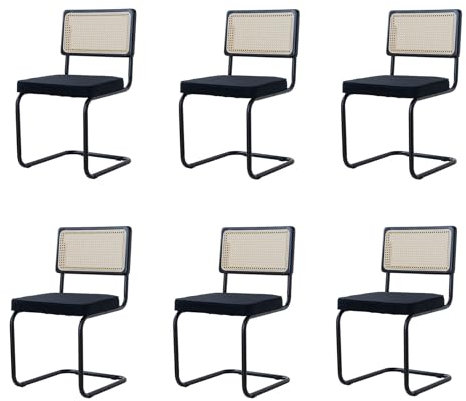 BenyLed Lot de 6 Chaises de Salle à Manger en Velours avec Pieds en Métal Chromé ; Chaises de Cuisine Modernes avec Dossier en Bois Massif de Rotin (Noir-Velours hollandais)
