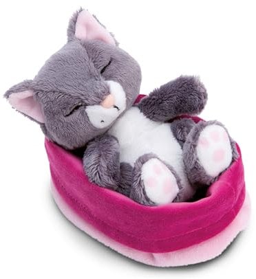 NICI Peluche Chat Gris 12cm, Dormant dans Son Panier - Peluche pour câliner et Aimer, Produit durablement à partir de matériaux recyclés - 49746