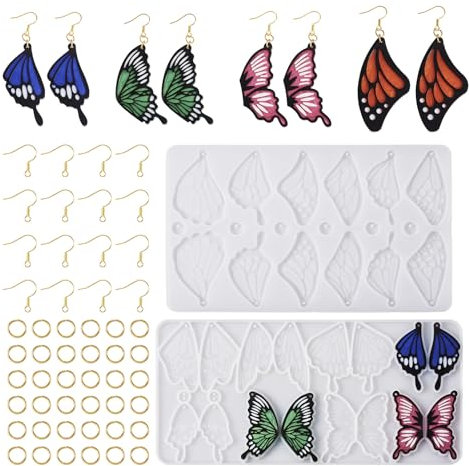 PandaHall - 2 moldes de resina para aretes, diseño de alas de mariposa, moldes de silicona con ganchos para aretes, anillos de salto para fundición epoxi, manualidades, fabricación de joyas