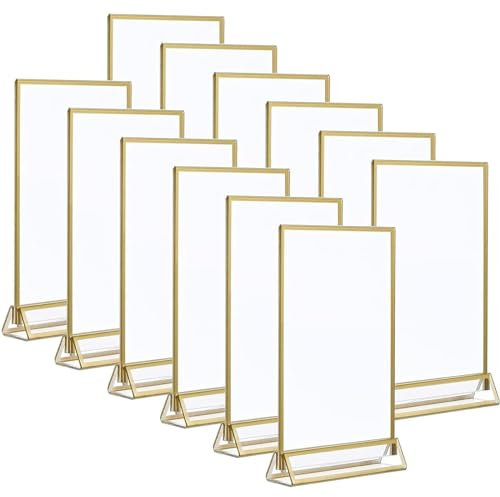 MARMODAY Acrylic Sign Holders With Gold Edges, Double Sided Table Number Frame for Weddings, Clear Restaurant Signs, Photo and Menu Holder 4 x 6 Inch (12 Pack)