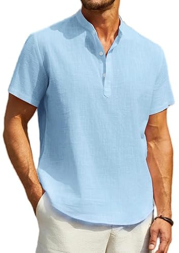 Enlision Light Blue Linen Shirts Men Short Sleeve Summer Casual Grandad Shirt Holiday Beach Lightweight Collarless Henley T-Shirts with 3 Buttons XL