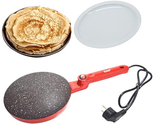 Crepiere Electrique, 600 Watts avec Interrupteur Marche/arrêt séparé Conception à poignée étendue pour Crêpes Très Fines, Revêtement Antiadhésif en Téflon avec Bol Alimentaire.(Rouge)