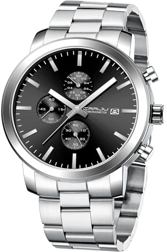 CRRJU Uhr Herren Chronographen Männer Uhren EdelstahlBand Mesh Wasserdicht Armbanduhr Business Schwarz Stoppuhr mit Datum Analog Quarzuhren (Silber Schwarz)