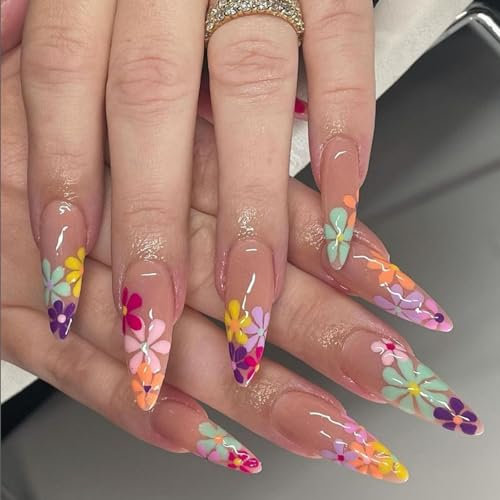 NICENEEDED 24 Pcs Fleur Stiletto Longue Presse Sur les Ongles, Faux Ongles en Forme de Fleur de Marguerite, Faux Ongles en Amande avec Motif Floral Coloré