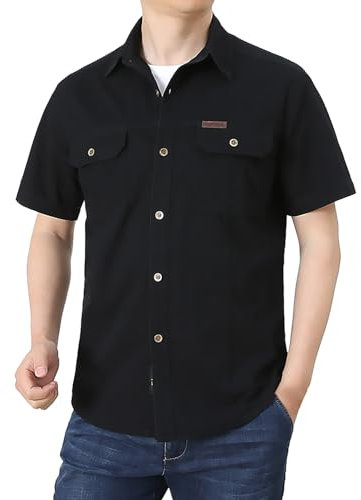Generic Men's Black Cotton Short Sleeve Military Style Solid Shirt, Size XL