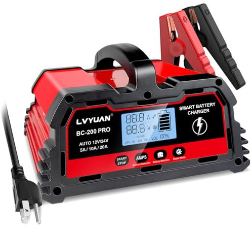 LVYUAN 20Amp Smart Car Battery Charger, 12V/24V Automotive Charger, LiFePO4 Battery, Lead-Acid Battery Maintainer with LCD Display, Trickle Charger, for Lawn Mower, Motorcycle, AGM, STD, Gel, EFB,etc