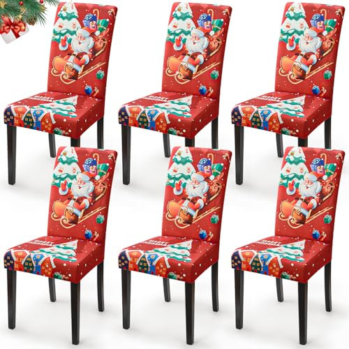Eozakavod Stuhlhussen 6er Set, Elastische Stuhlbezug Universal Esszimmerstuhlbezüge Abnehmbare Waschbare Stuhlabdeckung Xmas Stuhlbezüge Schwingstühle Hussen für Deko Supplies (Weihnachtsmann, 6er)