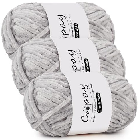 Coopay Chenille Wolle zum Häkeln, 3x100g Samtig Chenillegarn, Dicke Flauschige Weich Chenille Garn, Chenille Wolle, Weicher Plüschwolle Häkelgarn für Decken, Schals - Hellgrau