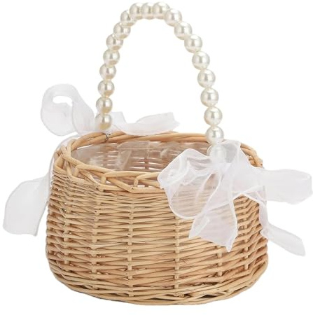 Weidenrattan-Blumenmädchen-Korb | Geflochtener Blumenkorb | Hochzeits-Blumenmädchen-Korb mit Perlengriff | Streukorb Rattankorb | Hochzeit Streukörbchen Für Party Hochzeit Fotografie Requisiten