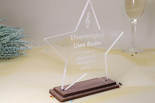 Exklusive Stern-Trophäe aus 5 mm Acrylglas & Nussbaum | Individuelle Gravur – Ihr persönlicher Ehrenpreis - 110mm x 100 mm